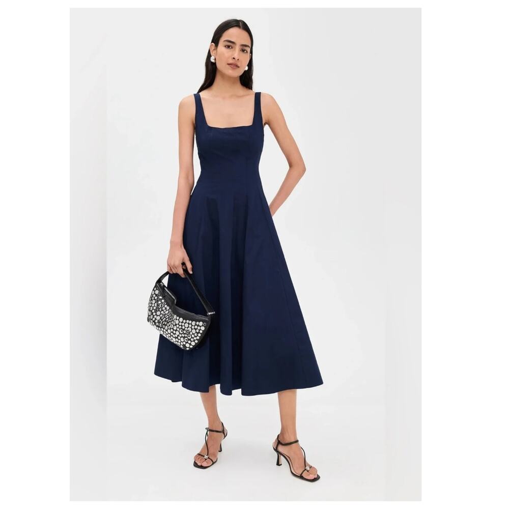 NEW STAUD Wells Stretch Cotton Poplin Midi Fit & Flare Dress Size 14